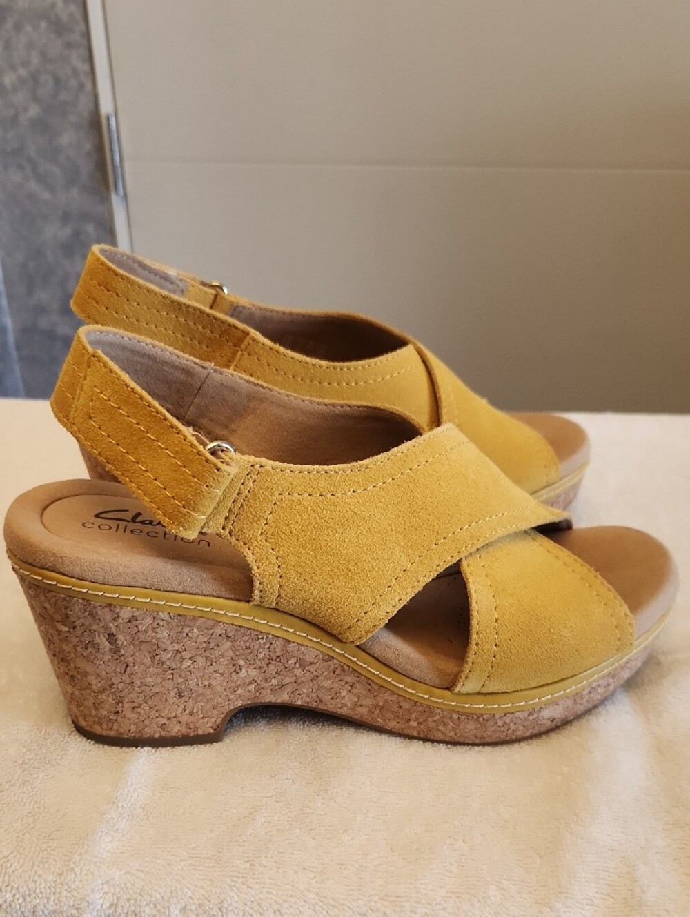 Clarks Collection Women's Mustard Suede Crisscross Slingback Sandals, size 7.5